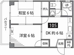 クロスコーポII 1階2DKの間取り