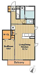 京王相模原線 南大沢駅 徒歩14分の賃貸アパート 1階1LDKの間取り