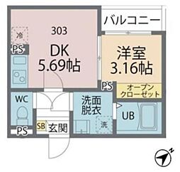 カインドネス矢部中央 1DKの間取図画像