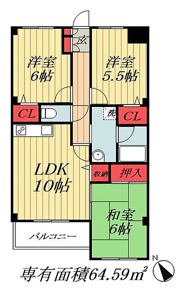 千葉県市川市妙典４丁目(賃貸マンション3LDK・6階・64.59㎡)の写真 その2