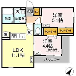 セレスティア細田B 1階2LDKの間取り