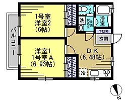 レジデンス学園前 2DKの間取図画像