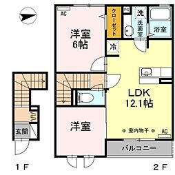 京王線 多磨霊園駅 徒歩4分の賃貸アパート 2階2LDKの間取り