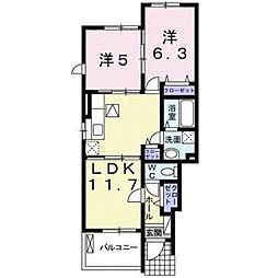 グラース・プロムナードＢ 1階2LDKの間取り