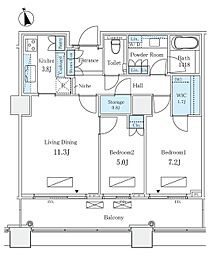 都営大江戸線 麻布十番駅 徒歩4分の賃貸マンション 27階2LDKの間取り