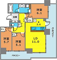 プラウドタワー神戸県庁前 13階3LDKの間取り