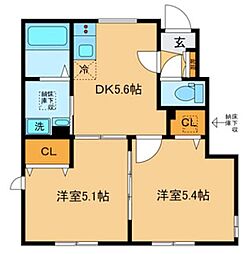 メゾンジェム 1階2DKの間取り