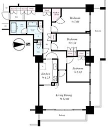 キャナルワーフタワーズ W709 7階3LDKの間取り