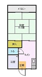 第2中央ハイツ 2階1Kの間取り