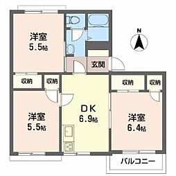 タウニー高松B棟 3DKの間取図画像