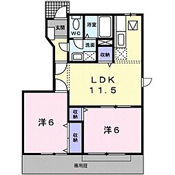 カーサ・エスト内原 1階2LDKの間取り