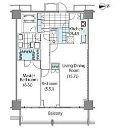 コンフォリア新宿イーストサイドタワー タワー棟 23階2LDKの間取り