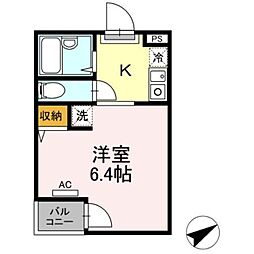 オークハイツ 2階1Kの間取り