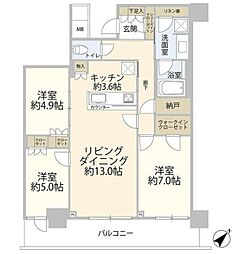 リヴァリエA棟 22階3LDKの間取り