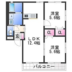 リッチンコートII 1階2LDKの間取り