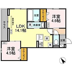 京王相模原線 京王堀之内駅 徒歩13分の賃貸アパート 1階2LDKの間取り