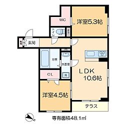 セレスティア西綾瀬 1階2LDKの間取り