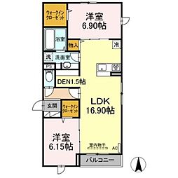 アナシエ鹿浜 2階2LDKの間取り