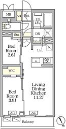 アジールコート後楽園 1階2LDKの間取り
