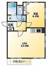 山口第二ビル 2階1LDKの間取り
