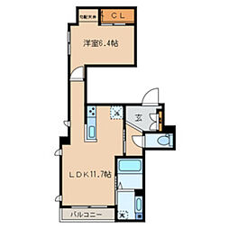 ボヌールヤマキチIII 2階1LDKの間取り