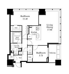 白金ザ・スカイ　E 25階2LDKの間取り