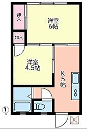 サニーハイツキタオカ 1階2Kの間取り