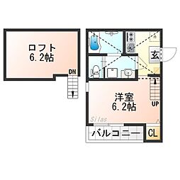 ハーモニーテラス稲荷悠苑 2階1Kの間取り