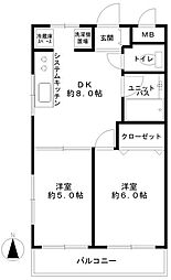 コーポナッツ成田 3階2DKの間取り