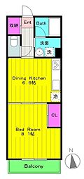 バードタウン8番館 1階1DKの間取り