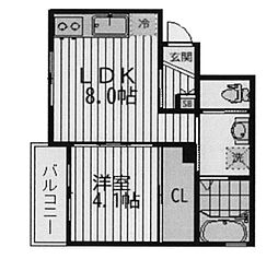 UsジャルダンII 2階1LDKの間取り