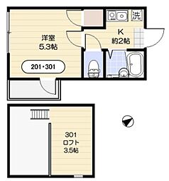 グランスタイル町屋 3階1Kの間取り