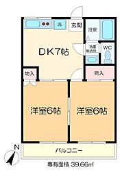 パステロードII番館 2階2DKの間取り