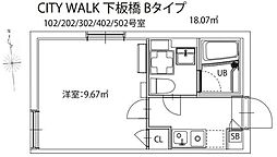 CITY WALK下板橋 4階1Kの間取り