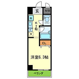 シュプレーム堺 1Kの間取図画像