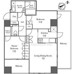 エルヴェ三鷹クレッセント三鷹ザ・タワー 2LDKの間取図画像