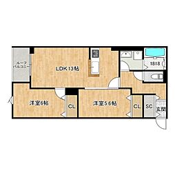ラフローラ住吉 2LDKの間取図画像