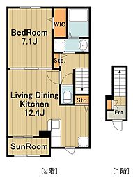 キイライシャン 2階1LDKの間取り