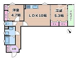 クリエオーレ原町 2階2LDKの間取り