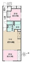 グローリオシェルト杉並方南町 2DKの間取図画像