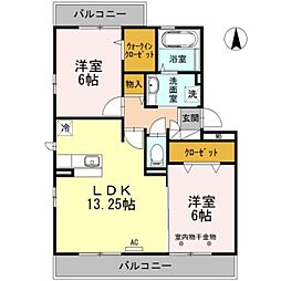 チェリス　フォンテーン　コスモ 3階2LDKの間取り