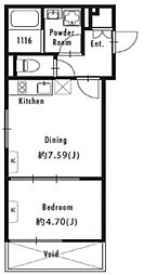 プライマル東新宿 4階1DKの間取り