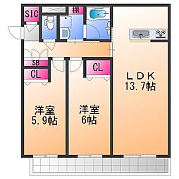 南海線 鶴原駅 徒歩3分の賃貸マンション 2階2LDKの間取り