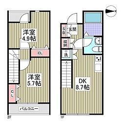 アンジュエール B 1階2DKの間取り