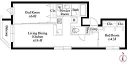 グランパセオ代々木上原2 1階2LDKの間取り