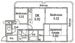 Uコート住吉 3DKの間取図画像