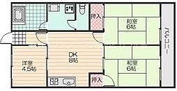 JR芸備線 戸坂駅 徒歩7分の賃貸マンション 2階3DKの間取り