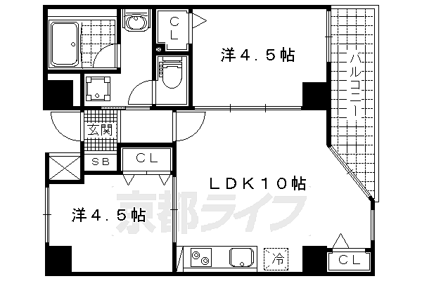 京都府京都市山科区東野中井ノ上町(賃貸マンション2LDK・4階・45.13㎡)の写真 その2