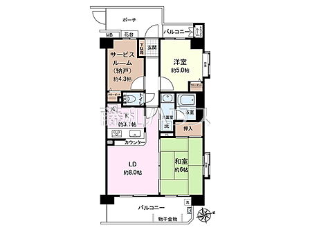 ≪間取図≫2方向バルコニーで洗濯物もたっぷり干せます！【エクセラージュ府中白糸台】