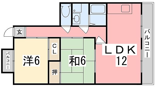 出屋敷ハイツ 2-B｜兵庫県姫路市飾磨区下野田１丁目(賃貸マンション2LDK・2階・61.65㎡)の写真 その2